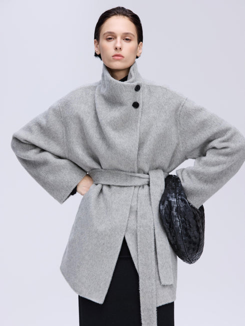 High-Neck Belted Wool Coat
